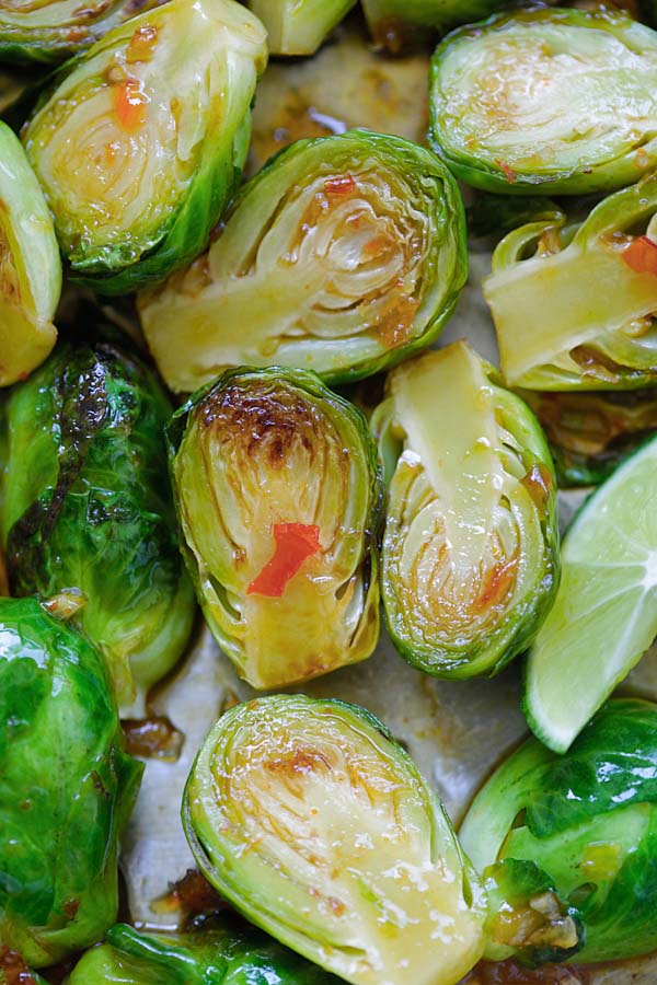 Close up sweet chili Brussels sprouts.