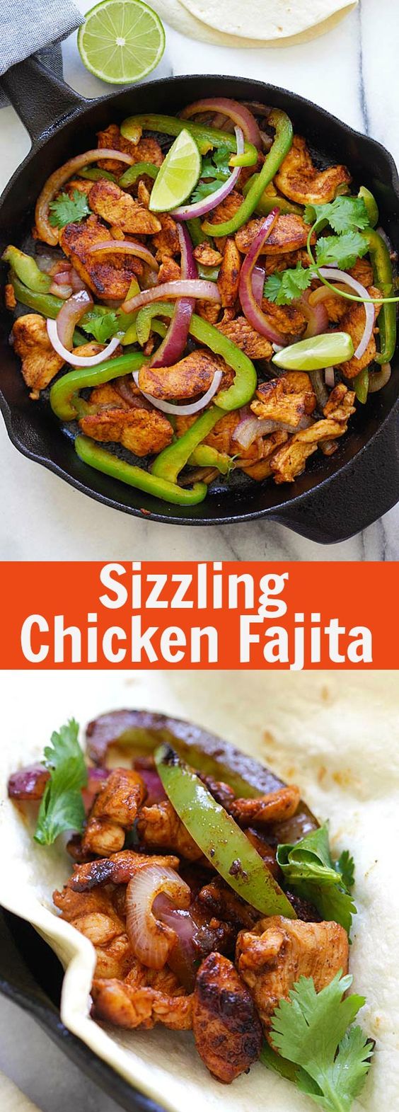 Chicken Fajita cooked in a sizzling cast-iron skillet. This Mexican favorite is so easy with homemade Fajita seasoning. Serve the juicy chicken with warm tortilla for a complete meal | rasamalaysia.com