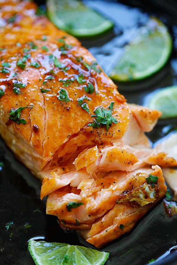 Easy baked salmon with honey, lime juice and soy sauce.