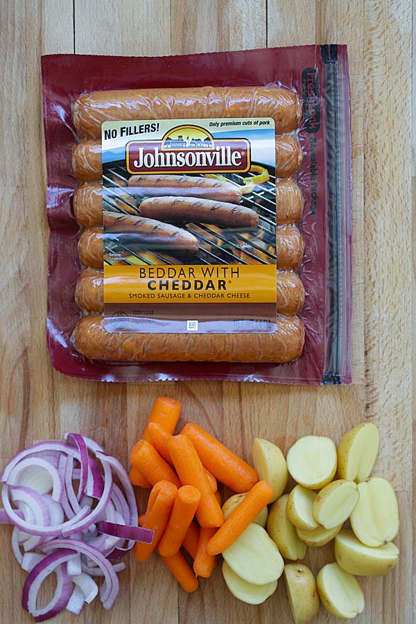 Easy ingredients for smoked cheesy sausage potato dish.