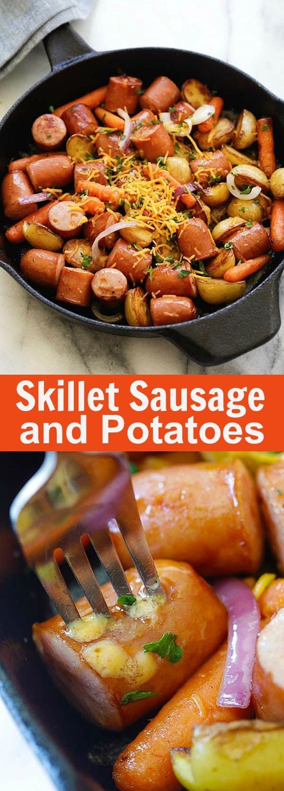 Skillet Sausage and Potatoes – easy and quick smoked sausages with potatoes and carrots on a skillet. Perfect for weekend camping trips | rasamalaysia.com