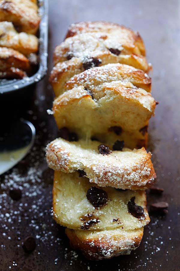 Sliced chocolate-cinnamon pull-apart bread without raisins.