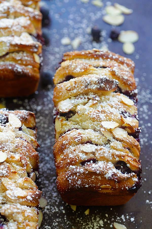 Loafs of homemade blueberry-cream cheese pull-apart bread.