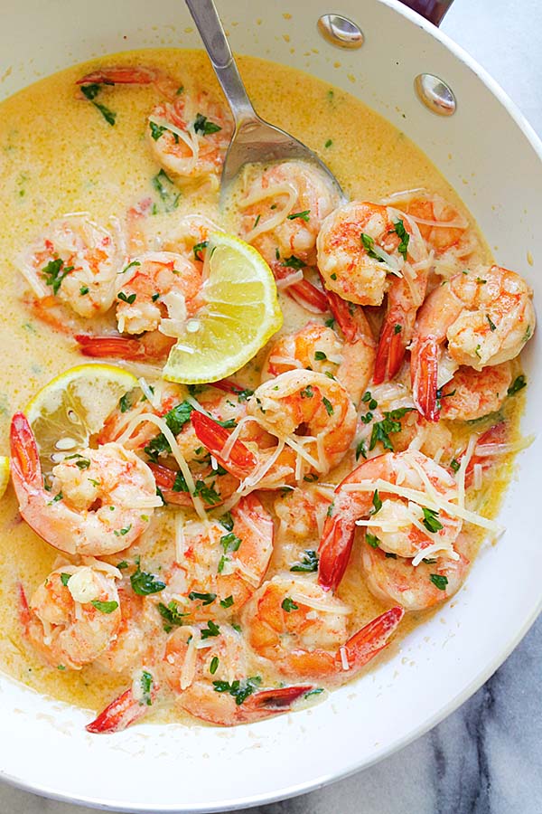 Creamy garlic Parmesan Tuscan shrimp recipe.