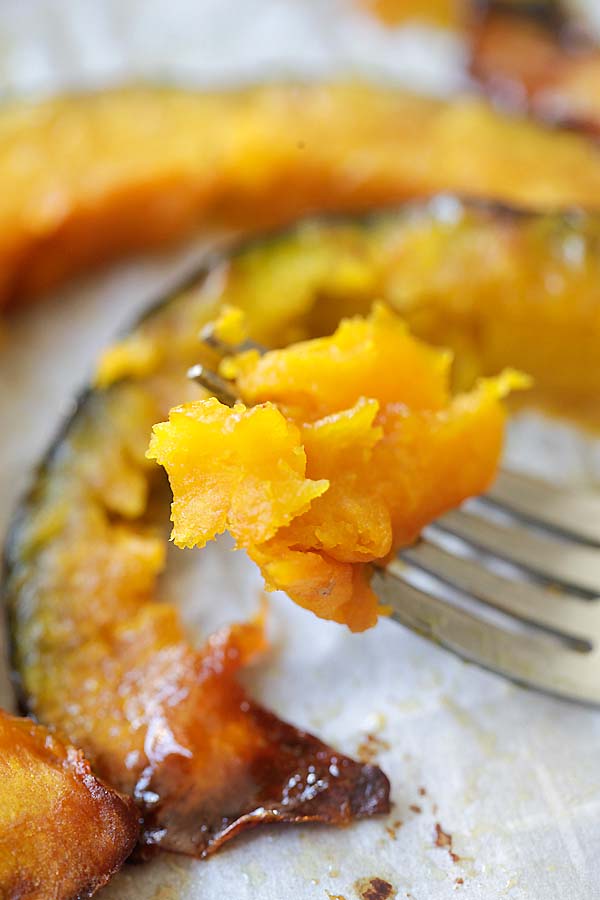 Honey butter roasted pumpkin with a fork.