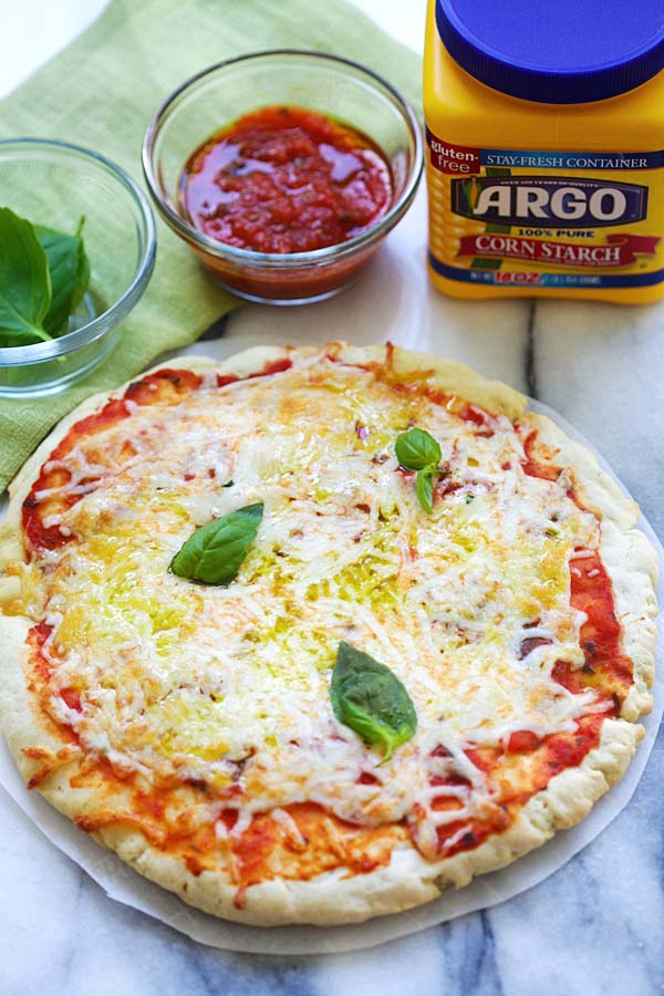 Homemade easy pizza Margherita with gluten-free crust made with Argo® corn starch.