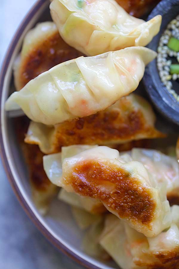 Crispy Japanese dumplings with shrimp and cabbage.