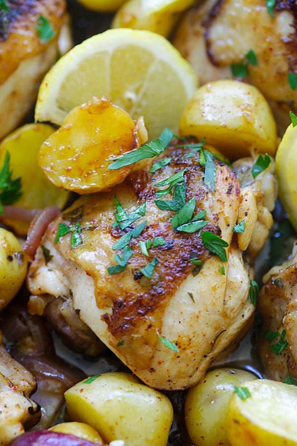 One-pot Spanish chicken and potatoes Chorizo bake with onions, garlic, and paprika.