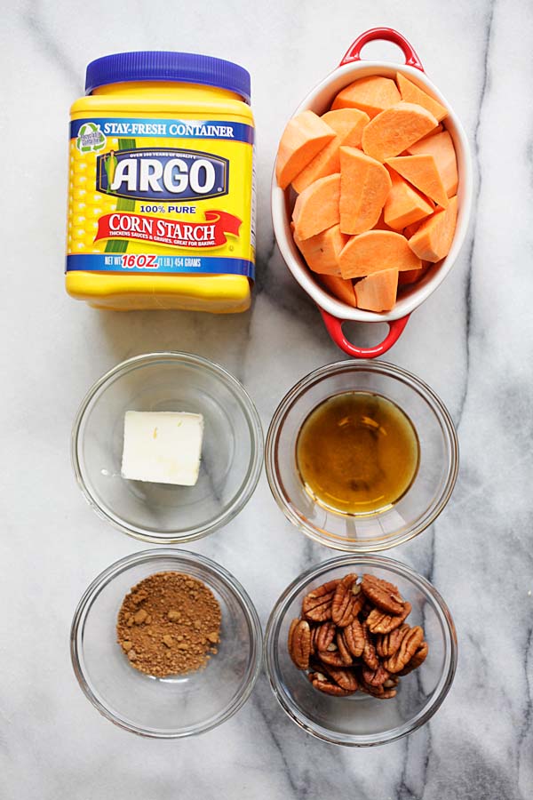 Maple Glazed Sweet Potatoes with Pecan ingredients that consists of chopped sweet potatoes, Argo corn starch, unsalted butter, brown sugar, maple syrup and pecan.