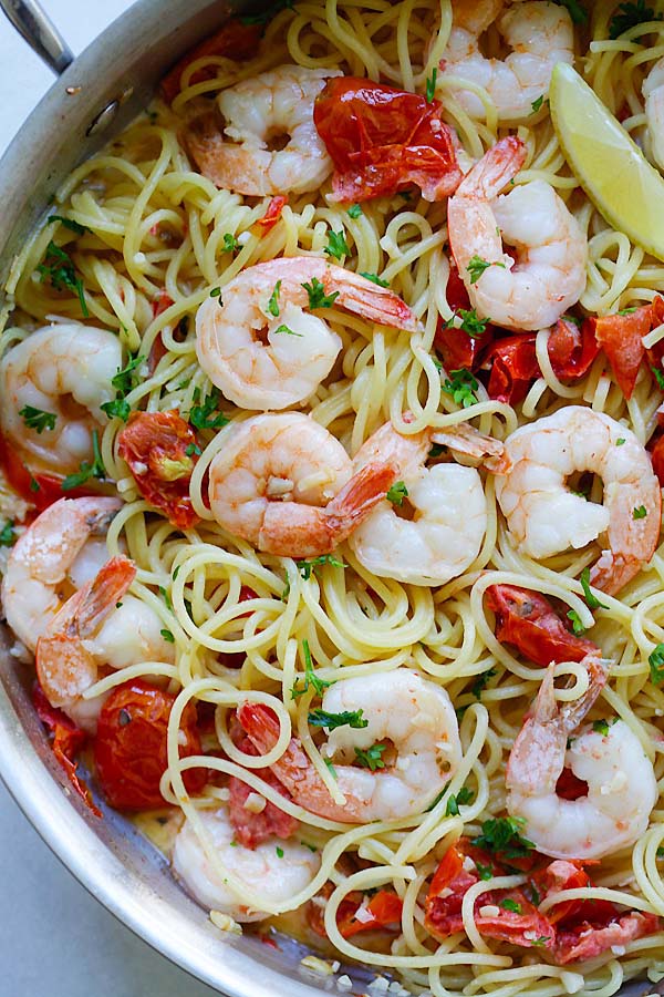 Easy and quick one-pot pasta with shrimp and sun-dried tomatoes in a rich creamy sauce.