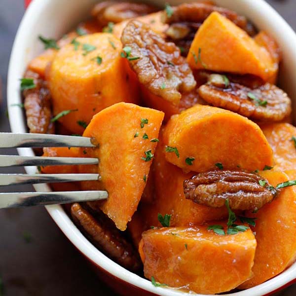maple glazed sweet potatoes with pecan