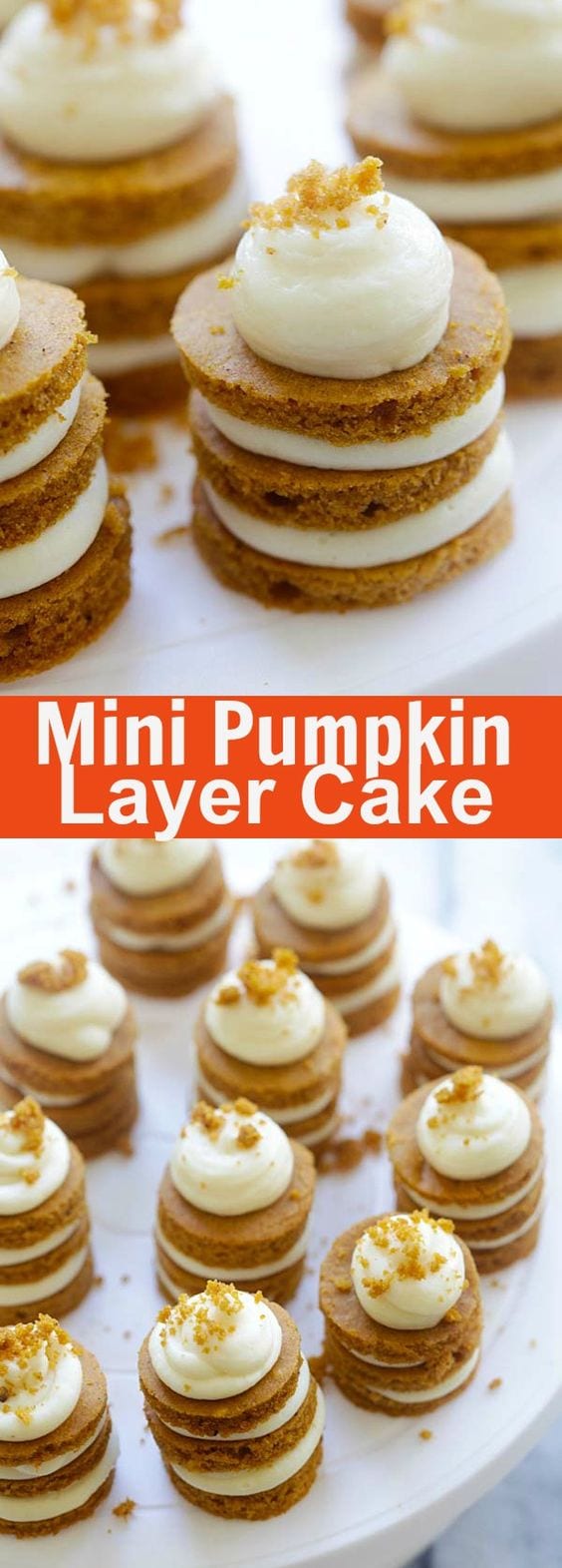 Mini Pumpkin Layer Cake - the cutest pumpkin cake recipe ever! Layers of pumpkin cake with cream cheese frosting, perfect dessert for holidays | rasamalaysia.com