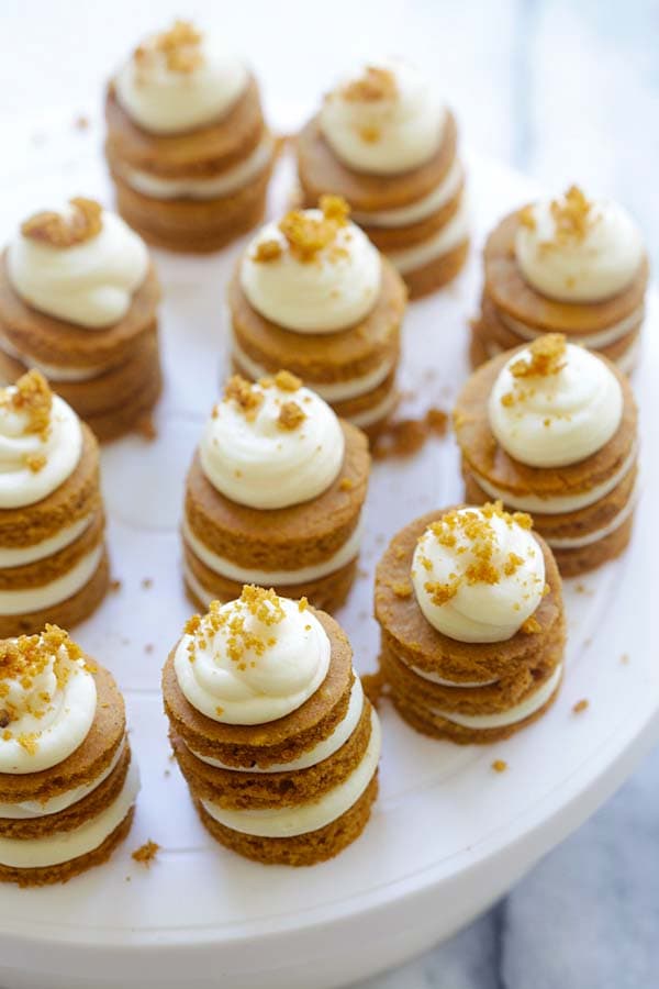 Easy and delicious mini pumpkin layer cake made with cream cheese frosting.