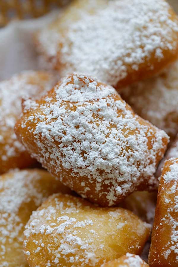Close up of copycat Cafe Du Monde beignets, ready to be served.