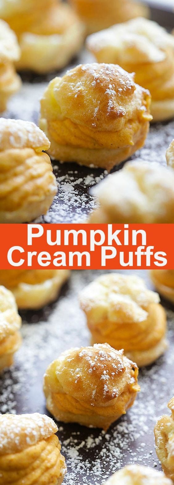 Pumpkin Cream Puffs - puffy choux pastry filled with sweet pumpkin cream filling. These pumpkin cream puffs are perfect for the holidays | rasamalaysia.com