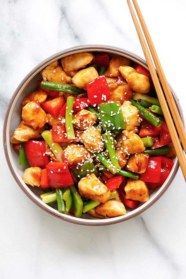 Spicy teriyaki chicken Stir Fry served in a serving dish.