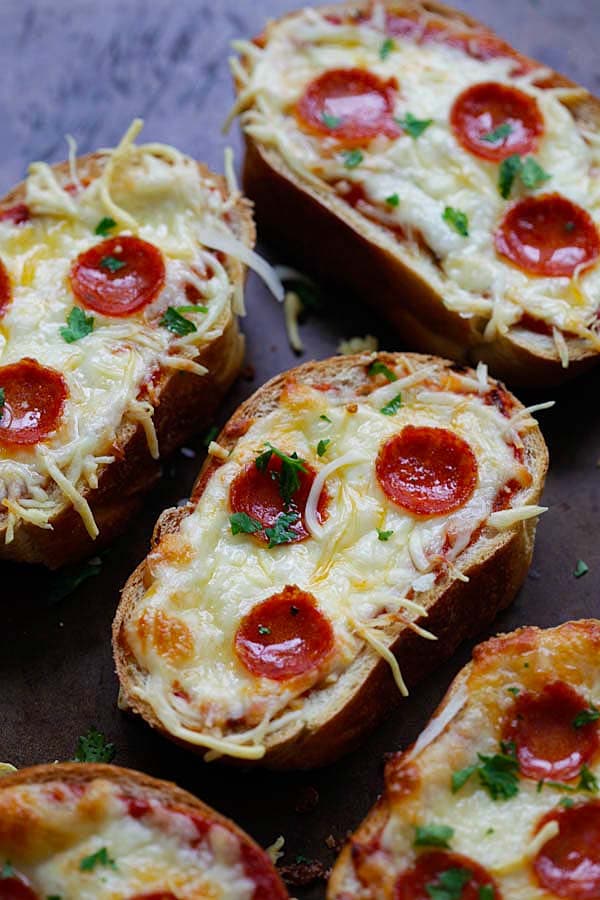 Easy and quick Texas toast garlic bread pizza topped with pepperoni and cheese.