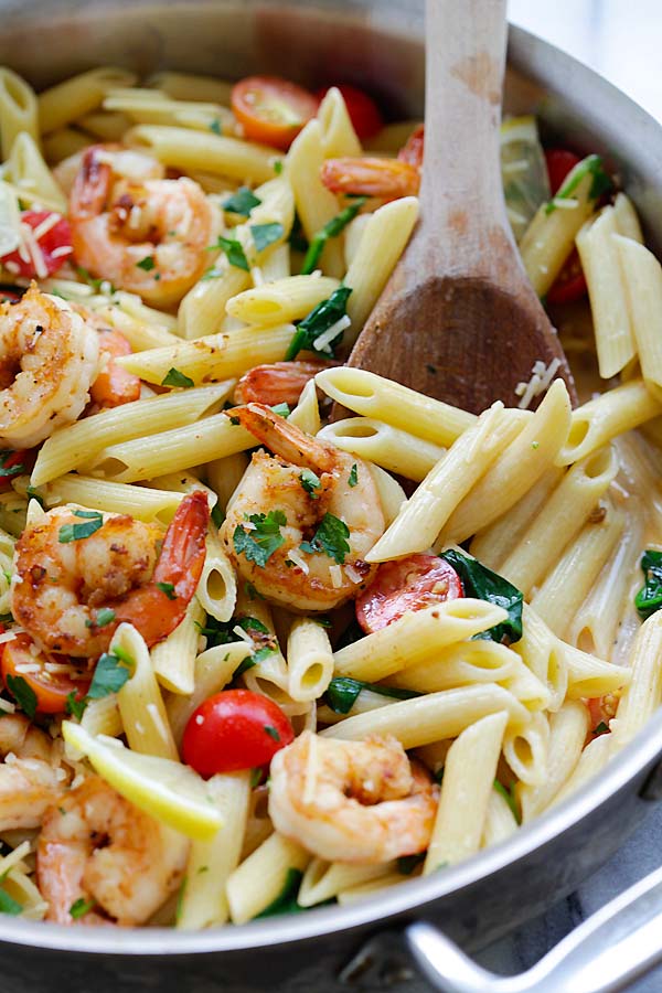 Spicy seasoned Cajun Shrimp Pasta with creamy sauce.