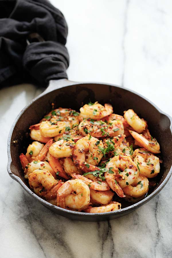 Easy Spanish chili garlic shrimp (Gambas Al Ajillo) in a skillet.