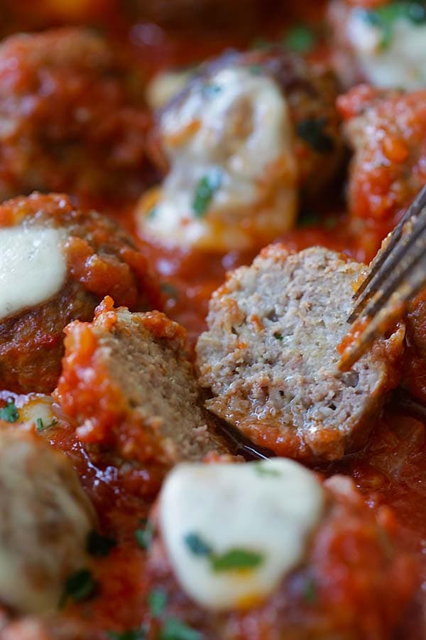 Meatball Casserole - one pot juicy and delicious meatballs in tomato sauce and topped with mozzarella cheese, homemade comfort food | rasamalaysia.com