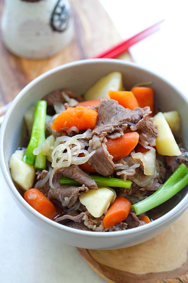 Japanese meat and potato stew (Nikujaga) with meat and potatoes in a bowl.