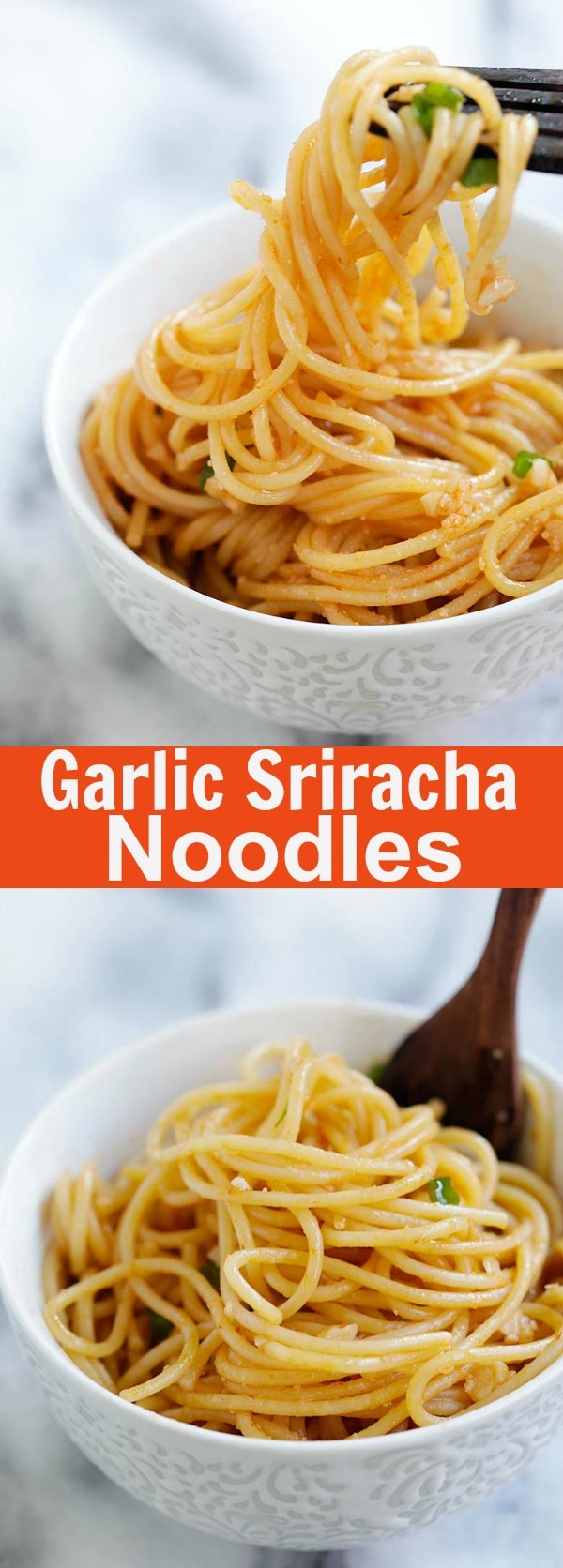 Garlic Sriracha Noodles - easy and crazy delicious garlic noodles with Sriracha. Savory, buttery with a tint of heat. Dinner is done in 15 mins | rasamalaysia.com