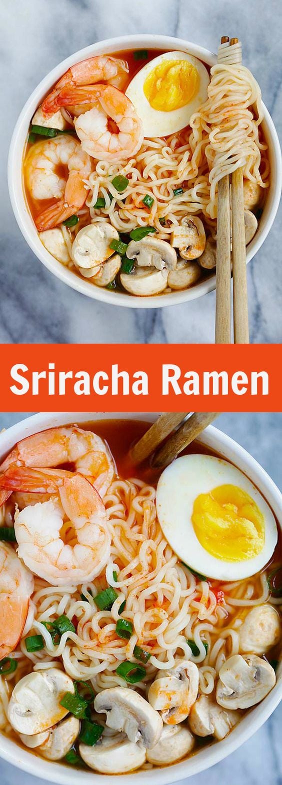 Sriracha Ramen - the best homemade ramen ever with spicy Sriracha broth and yummy toppings. So easy and takes only 15 minutes | rasamalaysia.com