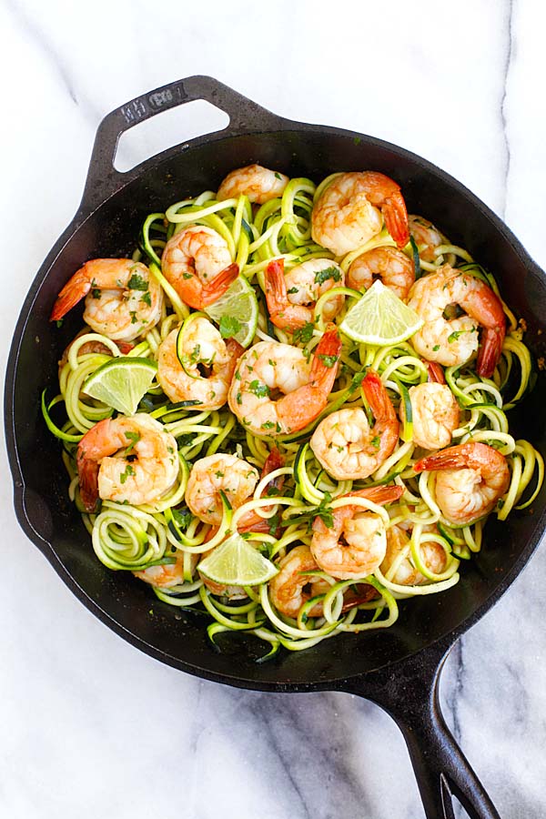 Easy and delicious shrimp zoodles sauteed in brown butter, cilantro and lime juice in a skillet.