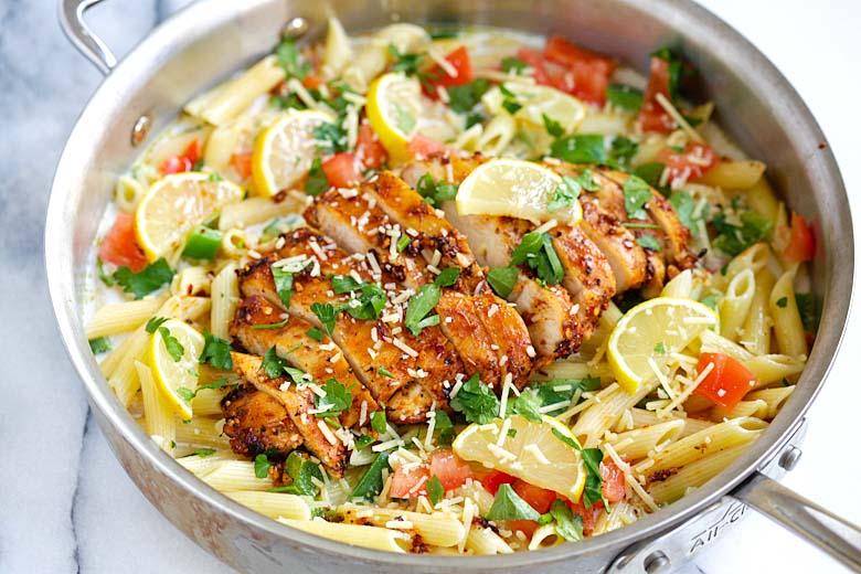 Cajun chicken pasta in skillet