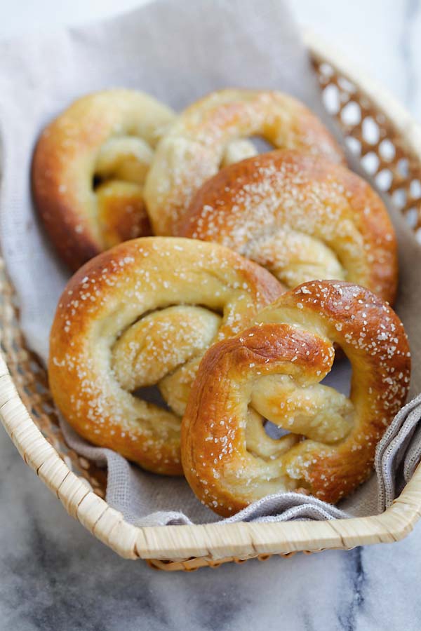 Soft pretzels in a serving basket.