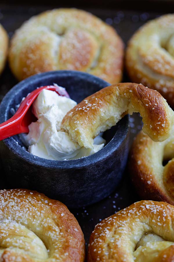Easy pretzel recipe with five pretzel ingredients: yeast, flour, butter, sugar and salt.