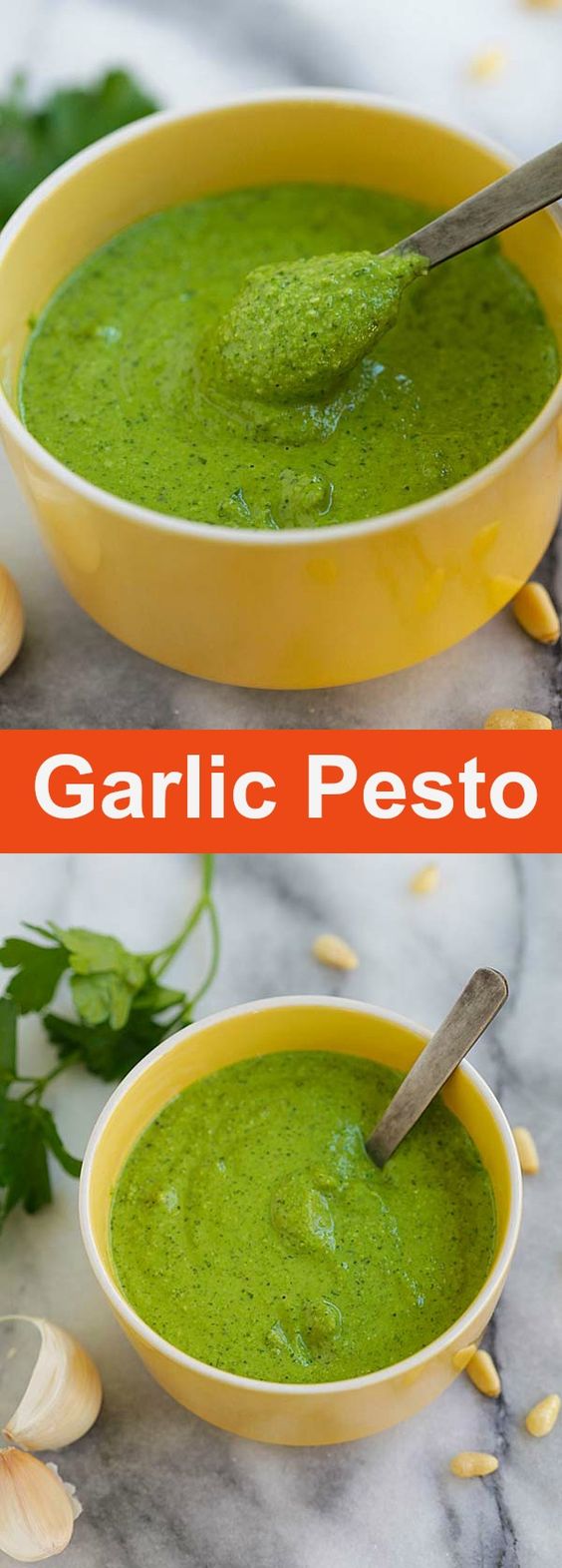 Garlic Pesto – BEST homemade pesto loaded with garlic, Parmesan cheese, basil and pine nuts. This garlic pesto recipe is great for potatoes, pasta and more | rasamalaysia.com