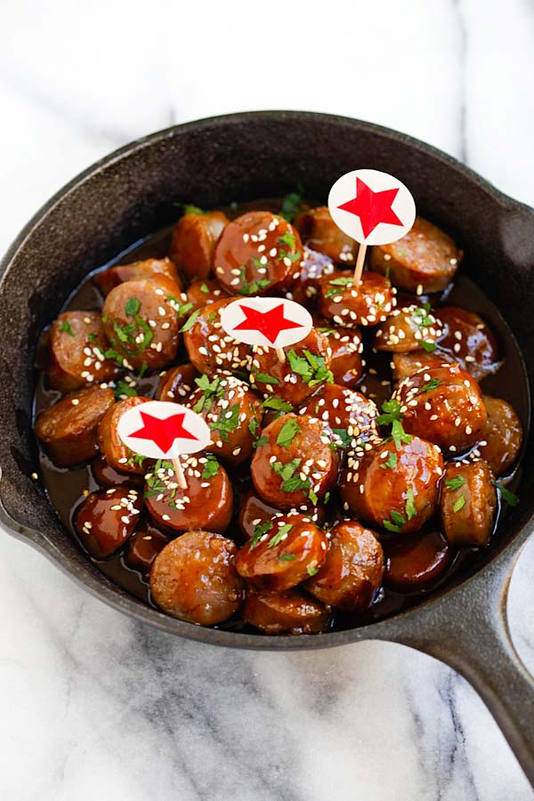 Easy and quick sausage bites in honey barbecue sauce in a skillet.