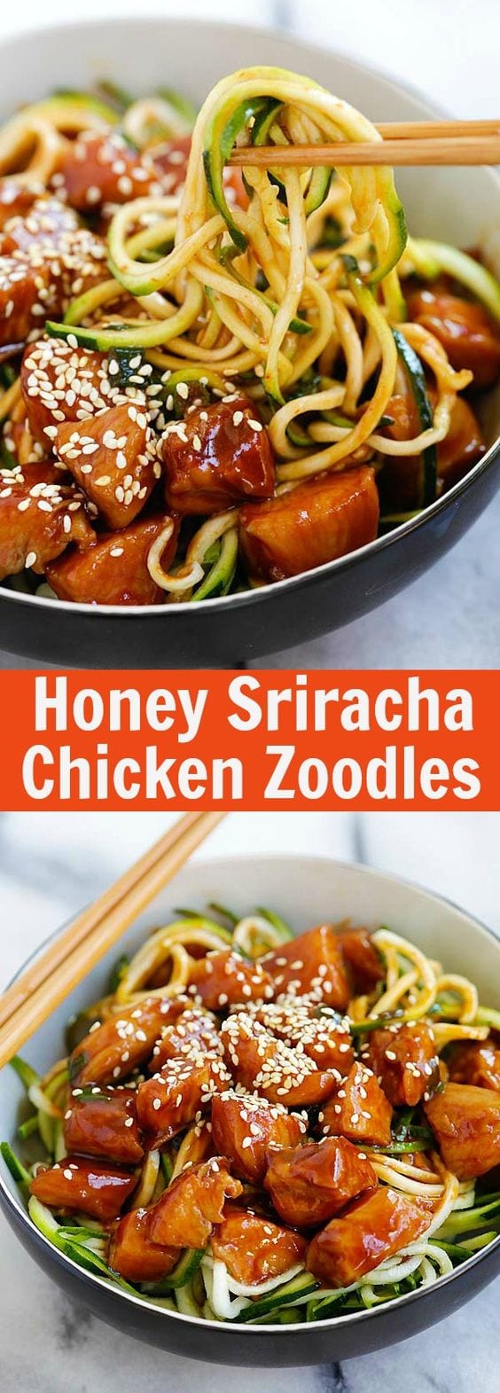 Honey Sriracha Chicken Zucchini Noodles – healthy zoodles with sweet and spicy honey sriracha chicken. So good you want this every day | rasamalaysia.com