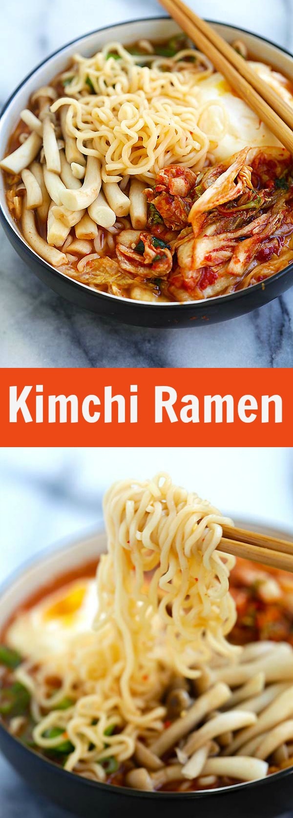Kimchi Ramen – spicy Korean ramen with kimchi, mushroom and poached egg. Easy kimchi ramen recipe that takes only 15 mins to make | rasamalaysia.com