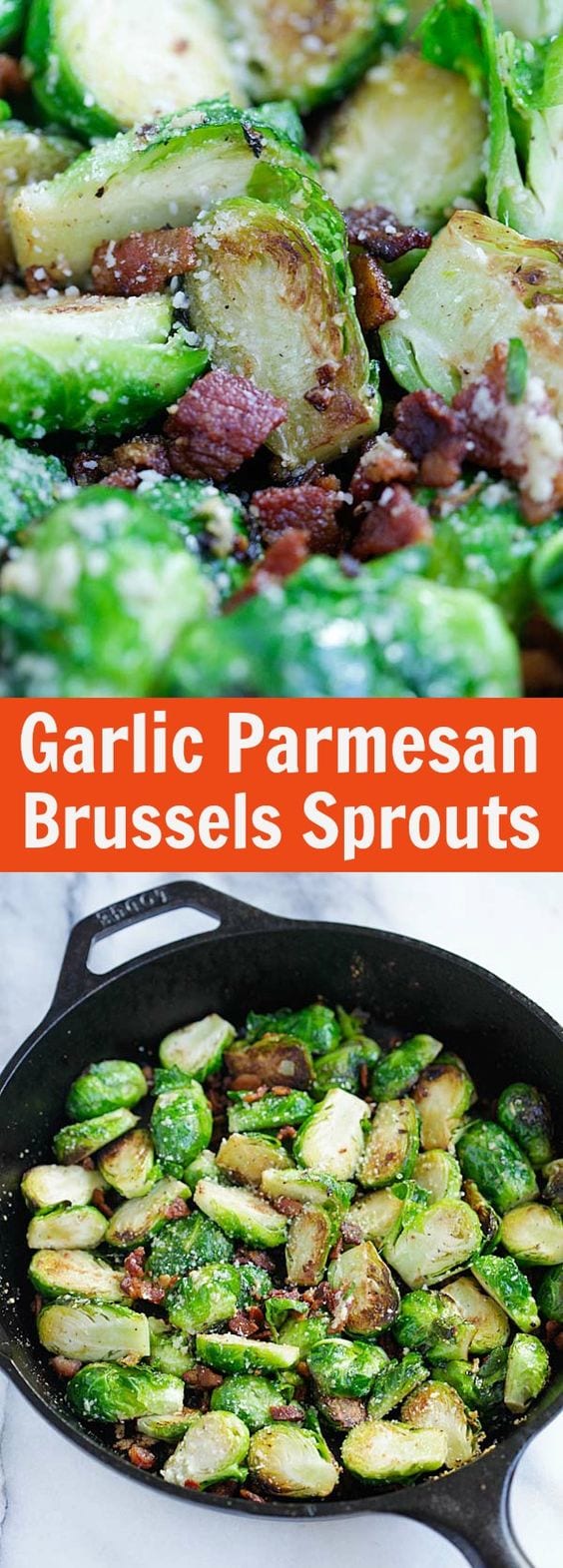 Garlic Parmesan and Bacon Brussels Sprouts - skillet roasted Brussels sprouts with garlic, Parmesan cheese and bacon. Sinfully good | rasamalaysia.com