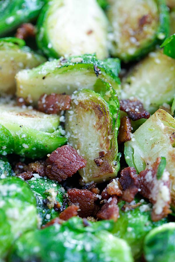 Healthy and tasty garlic Parmesan cheese and bacon Brussels sprouts closed up.