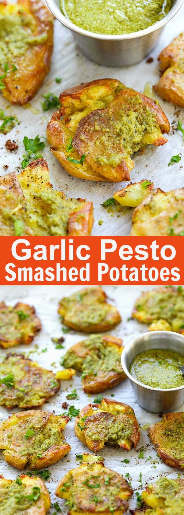 Garlic Pesto Smashed Potatoes – the best potatoes recipe ever with smashed baby potatoes topped with delicious garlic pesto. So good | rasamalaysia.com