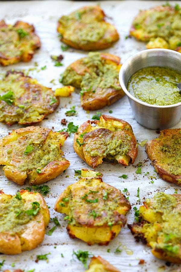 Garlic Pesto Smashed Potatoes