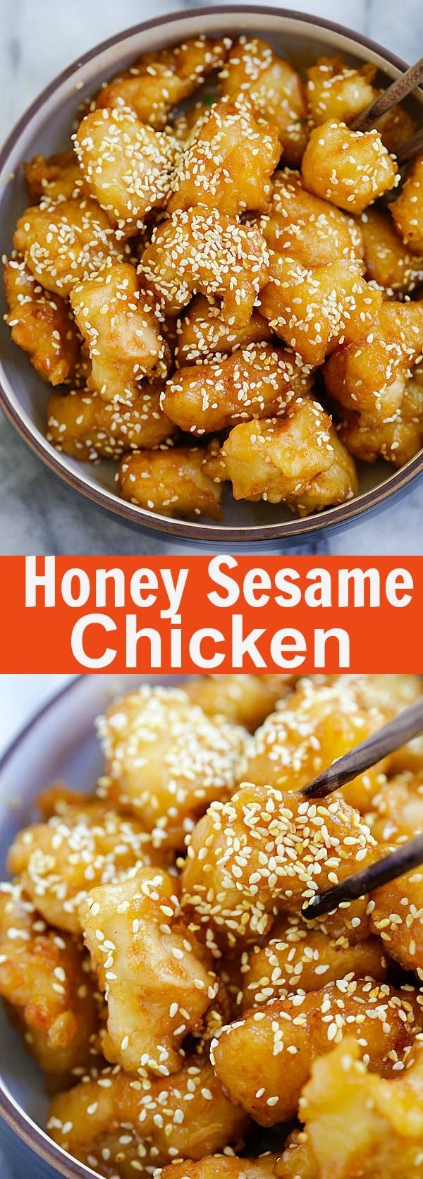 Best ever honey sesame chicken. Easy honey sesame chicken recipe with fried chicken pieces in a sticky sweet and savory honey sesame sauce | rasamalaysia.com