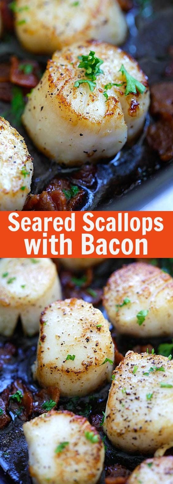 Seared Scallops with Bacon – easy seared scallops with crispy bacon bites in butter and lemon. Succulent, juicy, restaurant quality and much cheaper | rasamalaysia.com