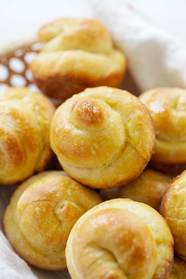 Quick and easy Brioche stacked together in a basket.