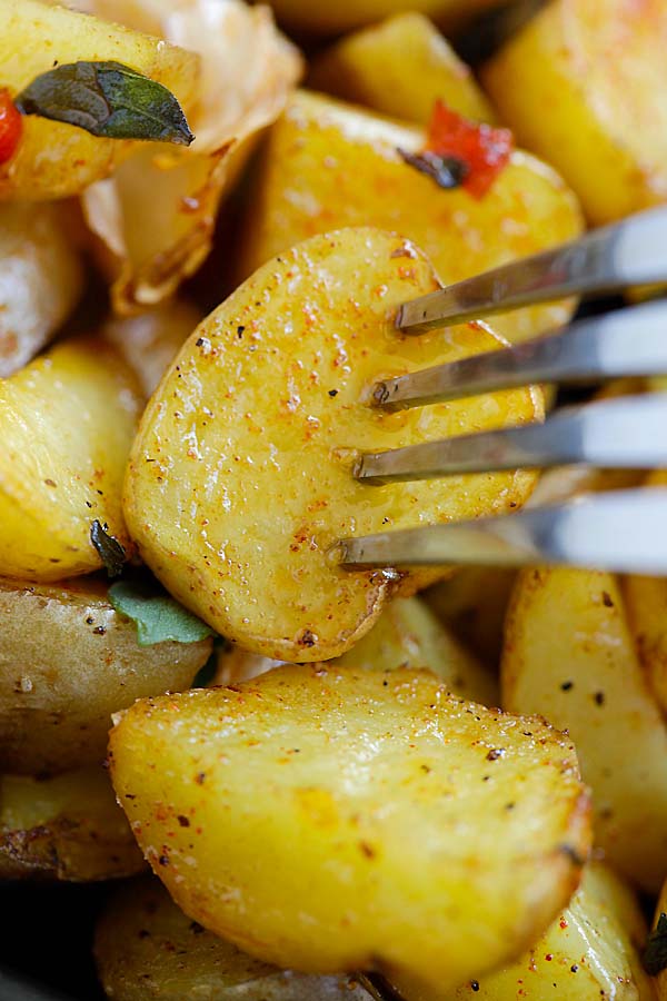 Greek style roasted potatoes ready to serve.