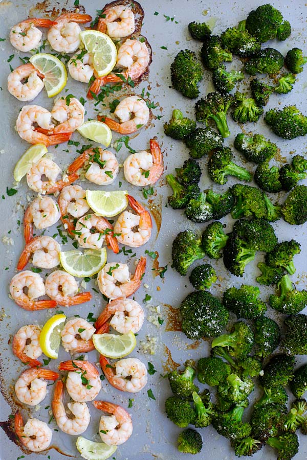 Sheet pan shrimp scampi and roasted broccoli with Parmesan cheese.