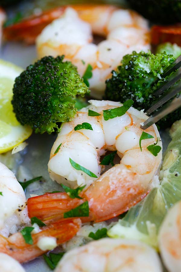 Easy and quick sheet pan shrimp scampi and roasted broccoli closed up.