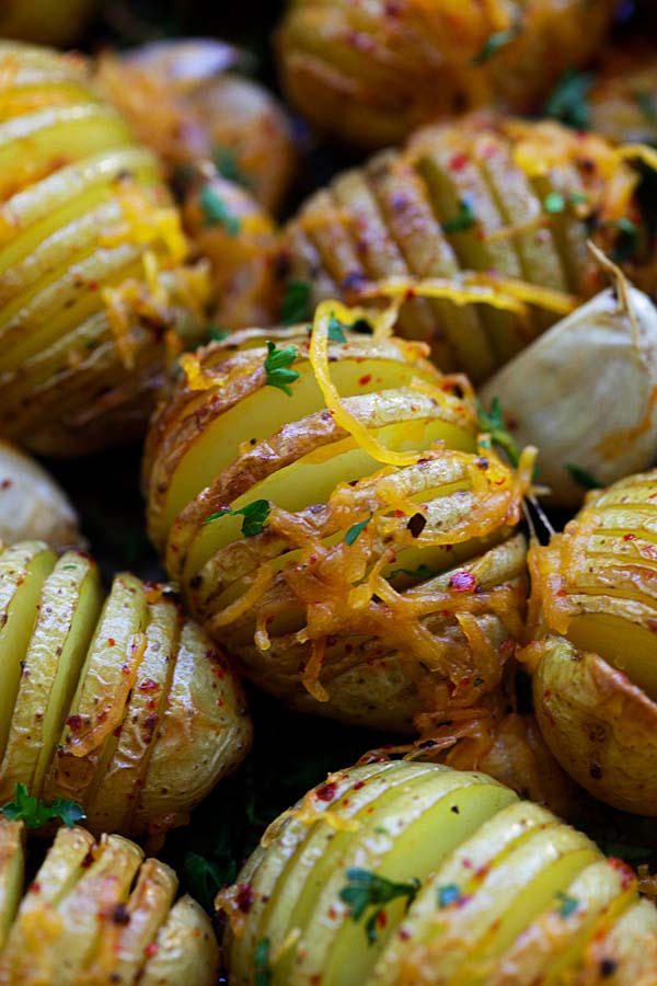 Easy homemade chili garlic roasted potatoes, ready to serve.