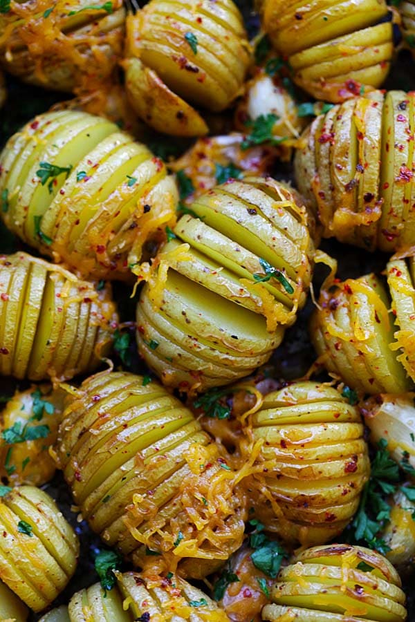 Chili garlic roasted potatoes with cheese and butter.