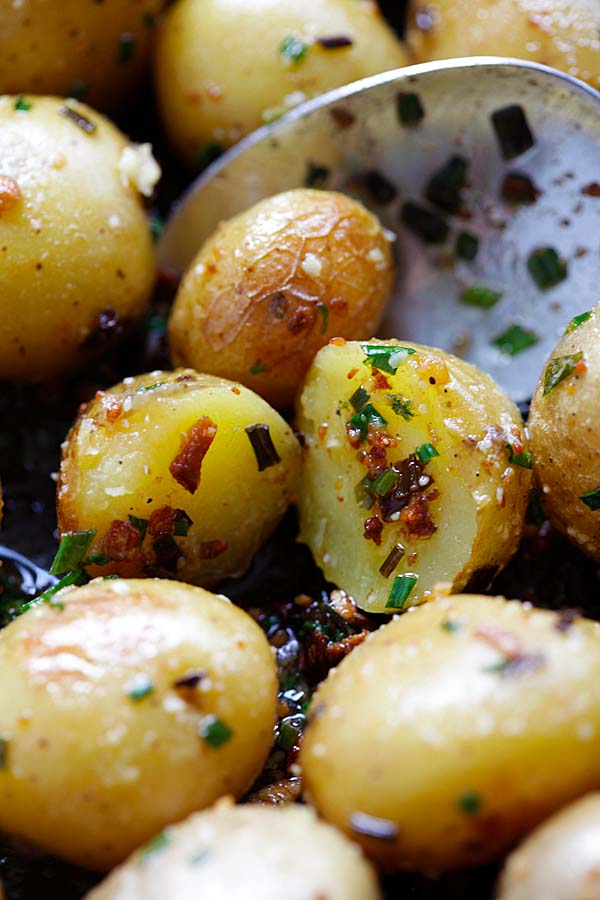 Close up view of Garlic Chive Butter Roasted Potatoes.
