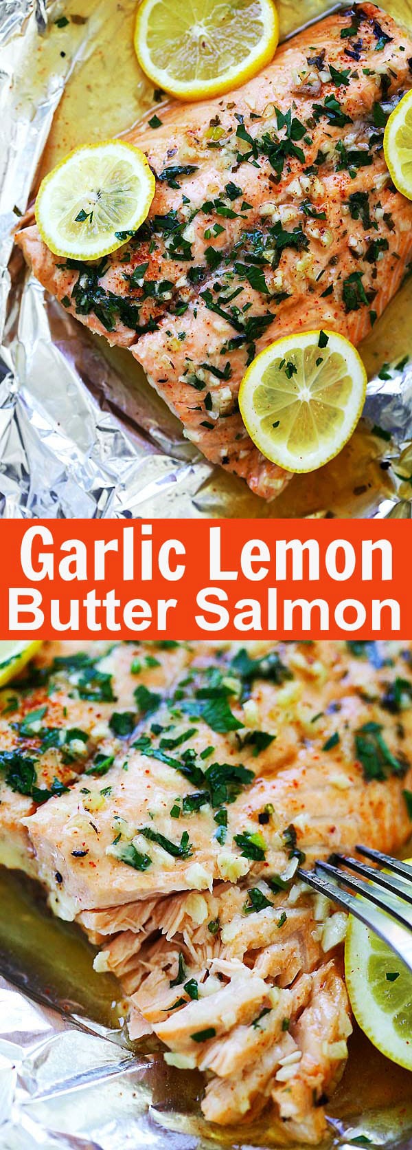 Garlic Lemon Butter Salmon - the easiest foil-wrapped salmon recipe ever with crazy delicious salmon in garlic lemon butter sauce. So good | rasamalaysia.com