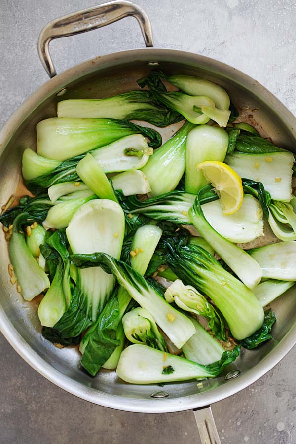 Healthy and delicious Asia ginger soy bok choy in a skillet.
